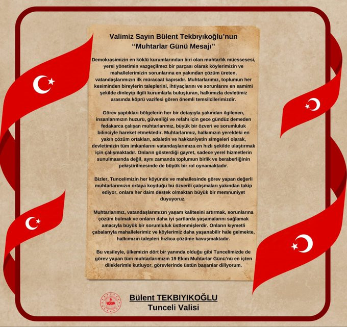  Tunceli Valiliği’nden Muhtarlar Günü Mesajı